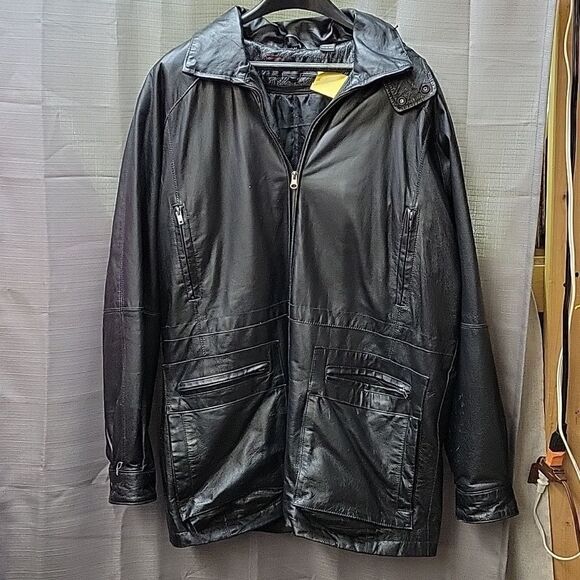 Phase Two black leather hooded jacket/coat, size M - Picture 1 of 8